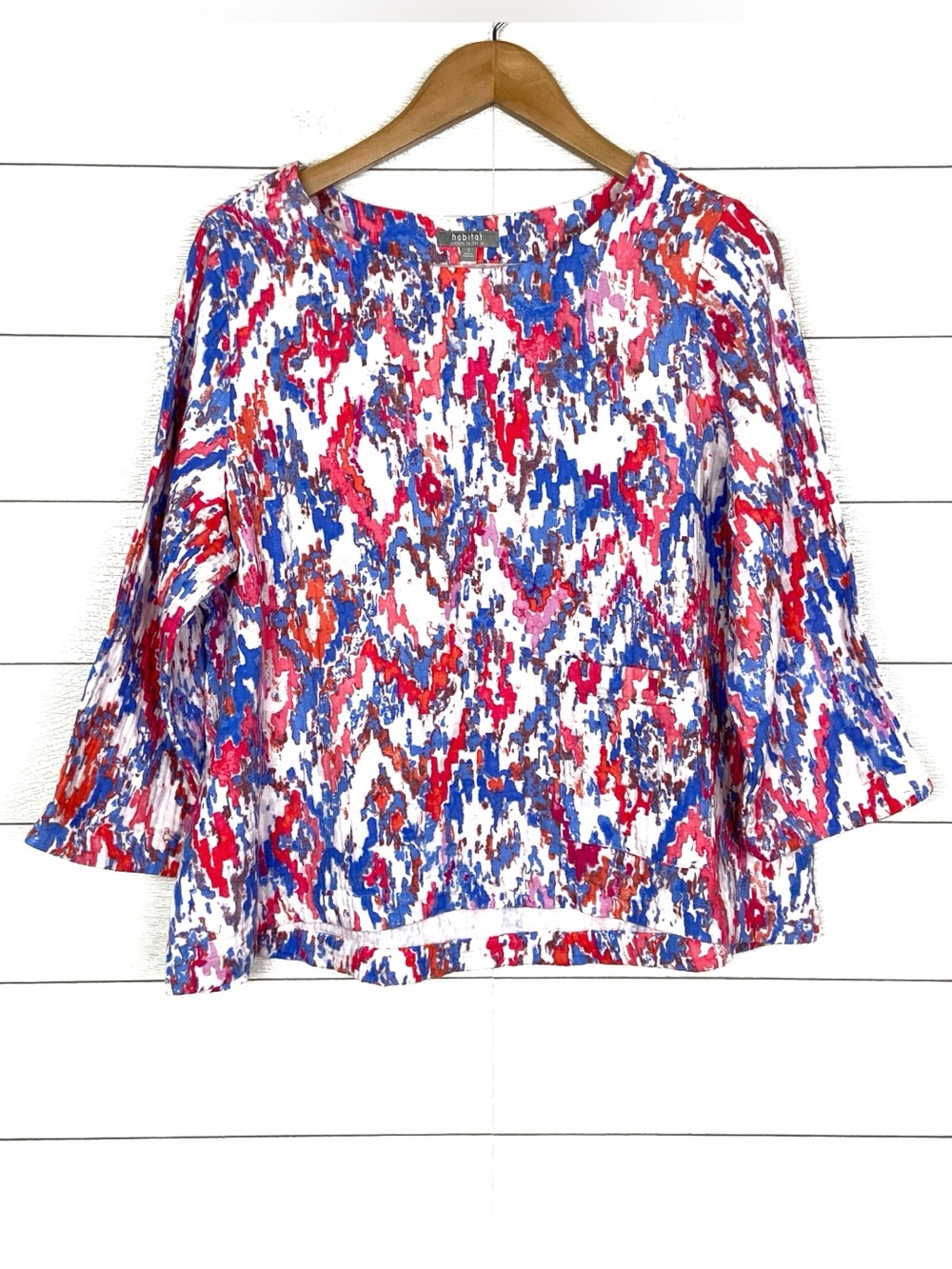 HABITAT Seaside Double Cloth Cotton Gauze Pullover Top Ikat Red Pink Blue Small